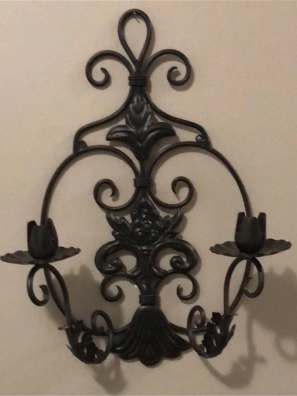 Vintage Black Wrought Iron Candle Wall Sconce Fleur Scroll Decor
